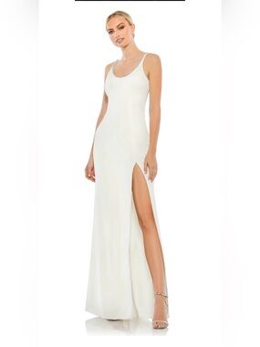 Mac Duggal Spaghetti Strap Rhinestone Gown with High Slit Size 4